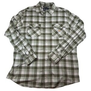Carhartt Rugged Flex Relaxed Fit Plaid Pearl Snap Shirt Mens Large‎ Tall Green